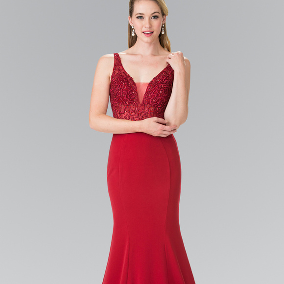 Long Illusion V-Neck Jeweled Prom Dress GL2372